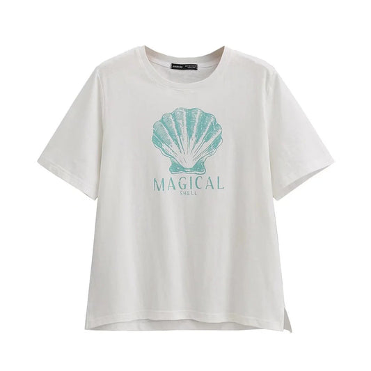 Dam T-shirt Avslappnad Snitt 100% Bomull med Kreativt Skaltryck-1