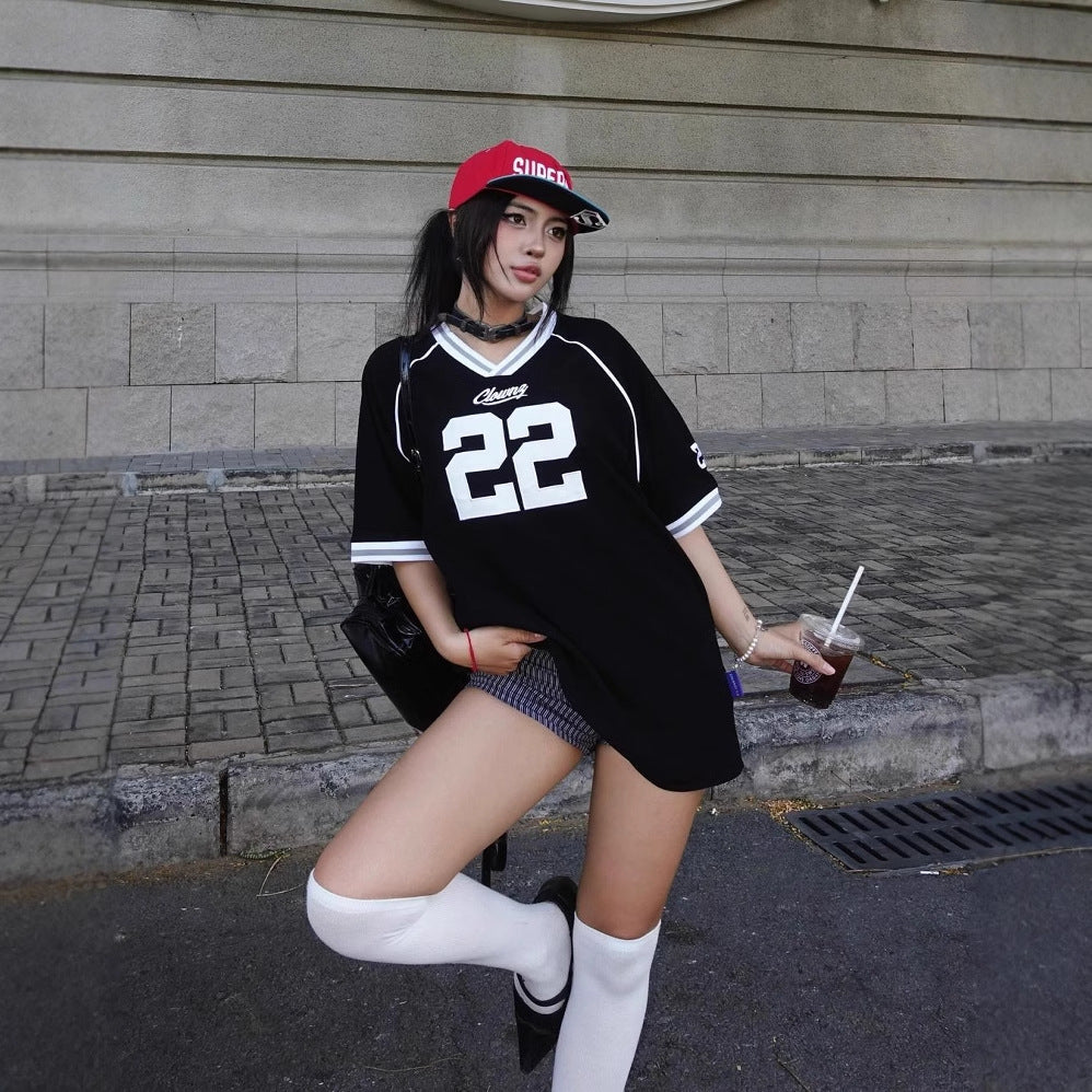 Dam T-shirt Färgblock V-ringning Kort Ärmar Polyester-1