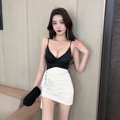 Dam Kroppsklänning Spaghetti Band Färgblockering Polyester Elastan-4