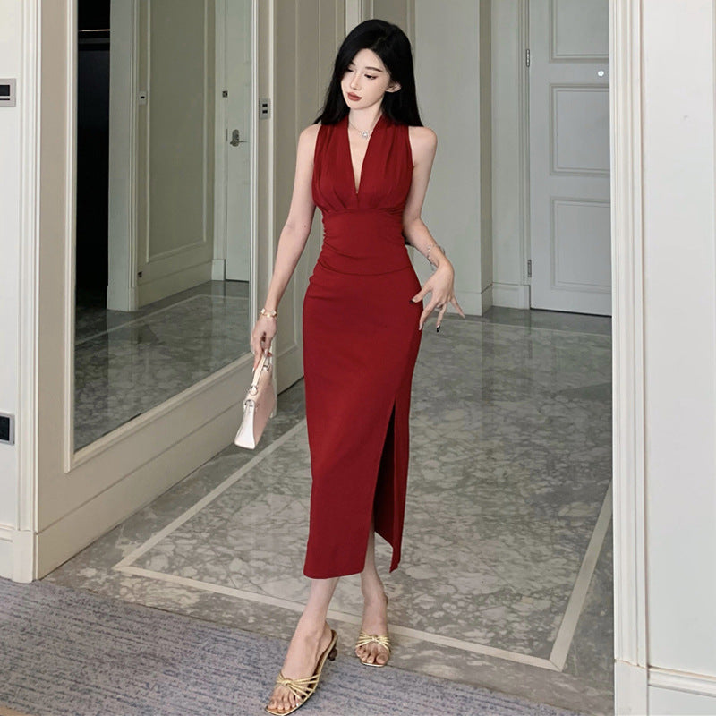 Dam Lång Klänning V-hals Smal Midja Högkvalitativt Tyg-3