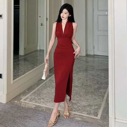 Dam Lång Klänning V-hals Smal Midja Högkvalitativt Tyg-3