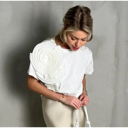 Dam T-shirt Lätt Polyester 3D Blommönster Loose Fit Korta Ärmar-5