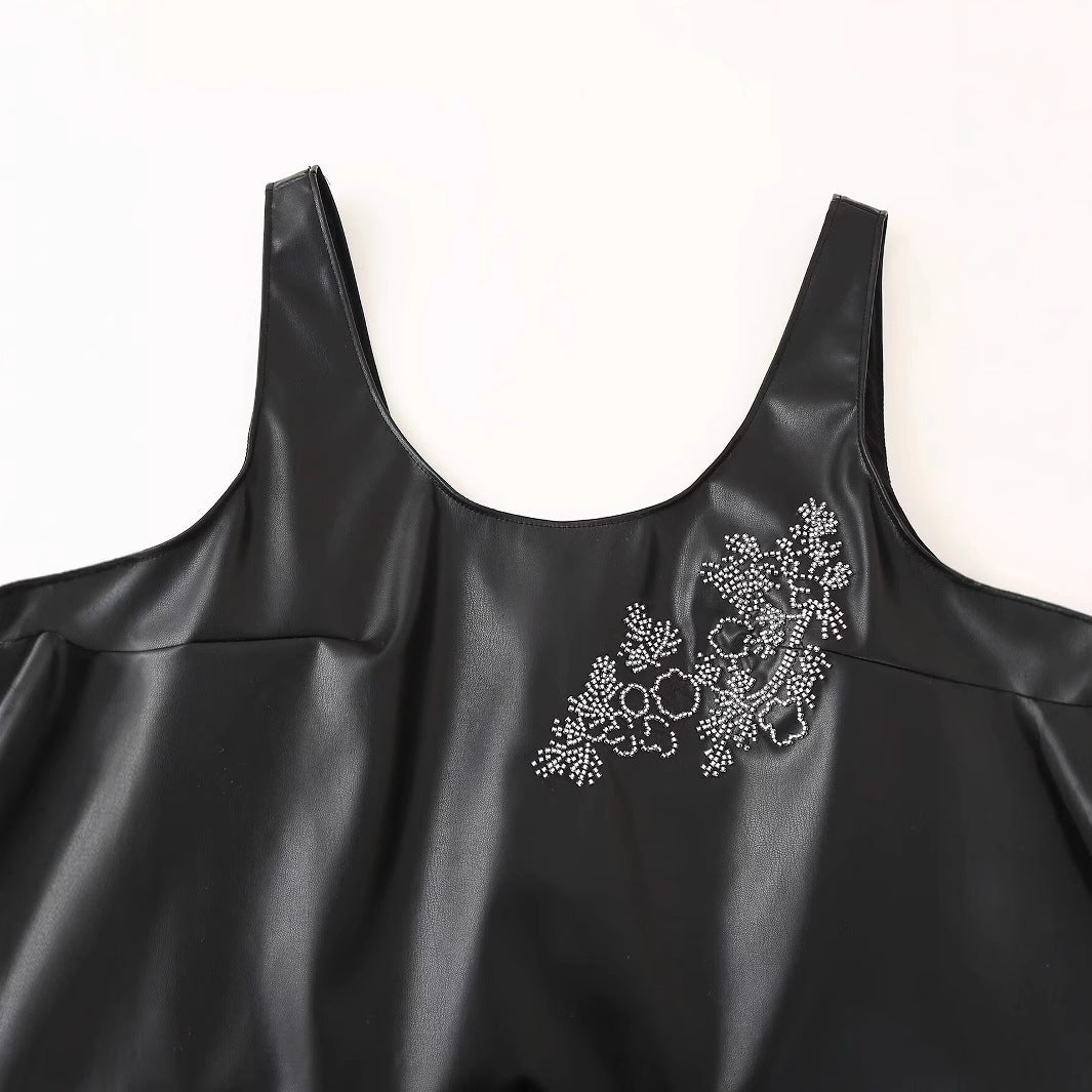 Kvinna Mini Klänning U-Hals Syntetisk Läder-3