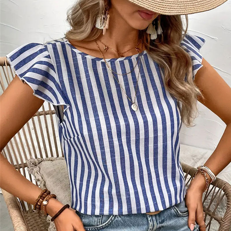 Damen V-Ausschnitt Oberteil mit Streifen – Kurzarm Bluse aus atmungsaktiver Baumwollmischung in S bis XL 8