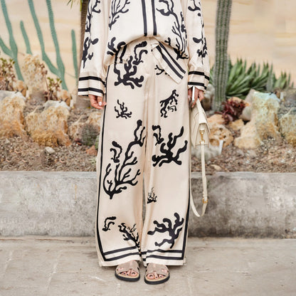 Dam Blommönstrad Långärmad Skjorta och Byxor i Mjuk Tyg för Sommar-4