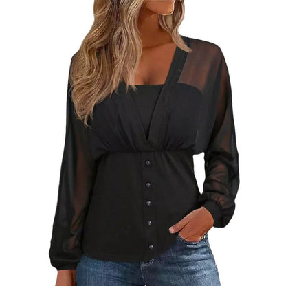 Dam Långärmad T-shirt V-ringad Polyester Elegant Pullover-5