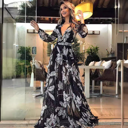 Damklänning A-Line Långärmad Polyester Elegant Fint Mönster-4