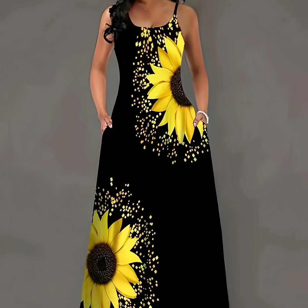 Kvinnors A-Line Klänning Blommönster Spaghettiband Polyester-3