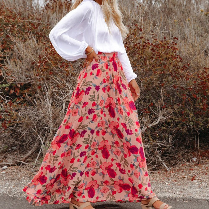 Dam Midi Kjol Blommig Chiffon Elegant-2