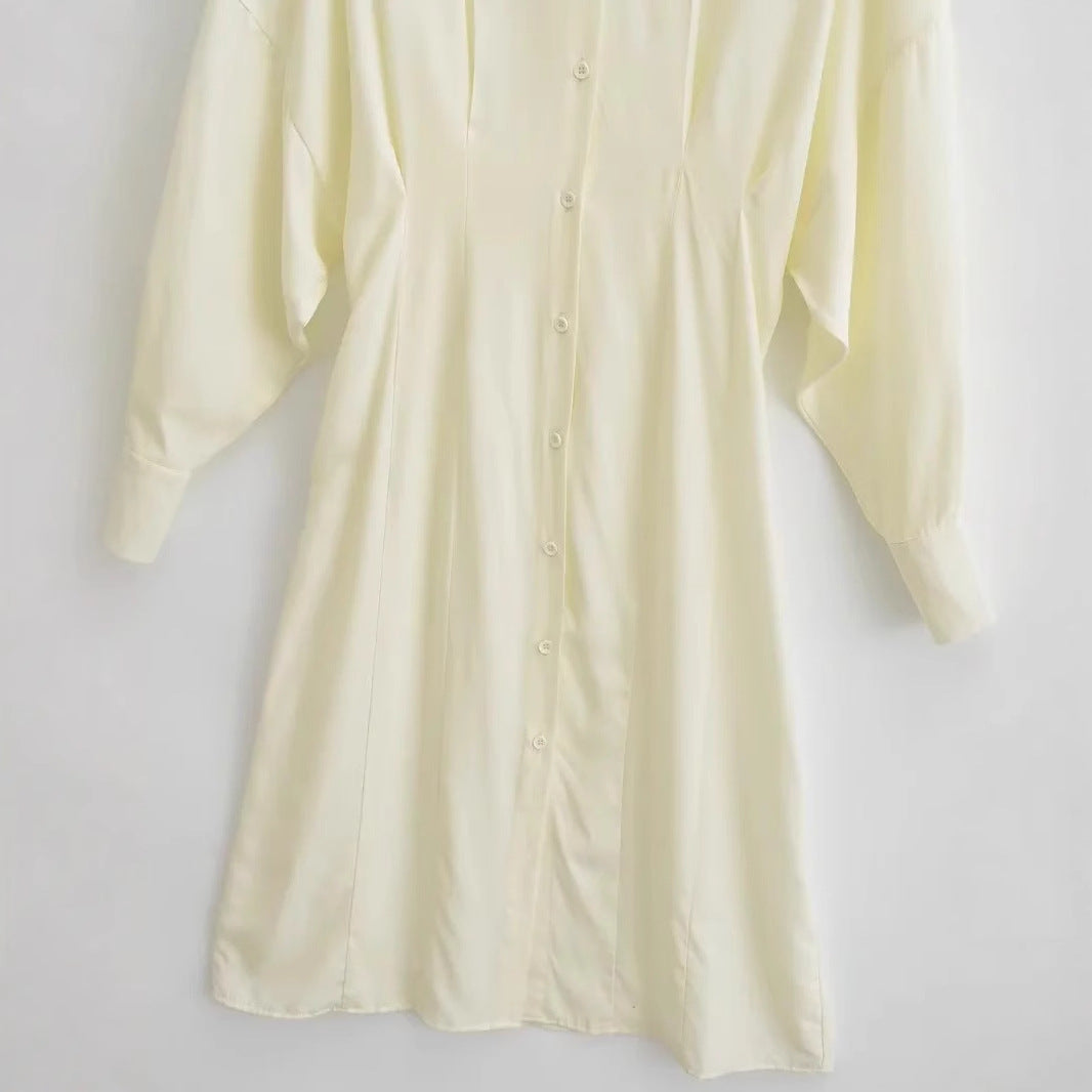 Dam Skjortablusklänning med Puffärmar och Svängande Kjol i Lätt Material-4