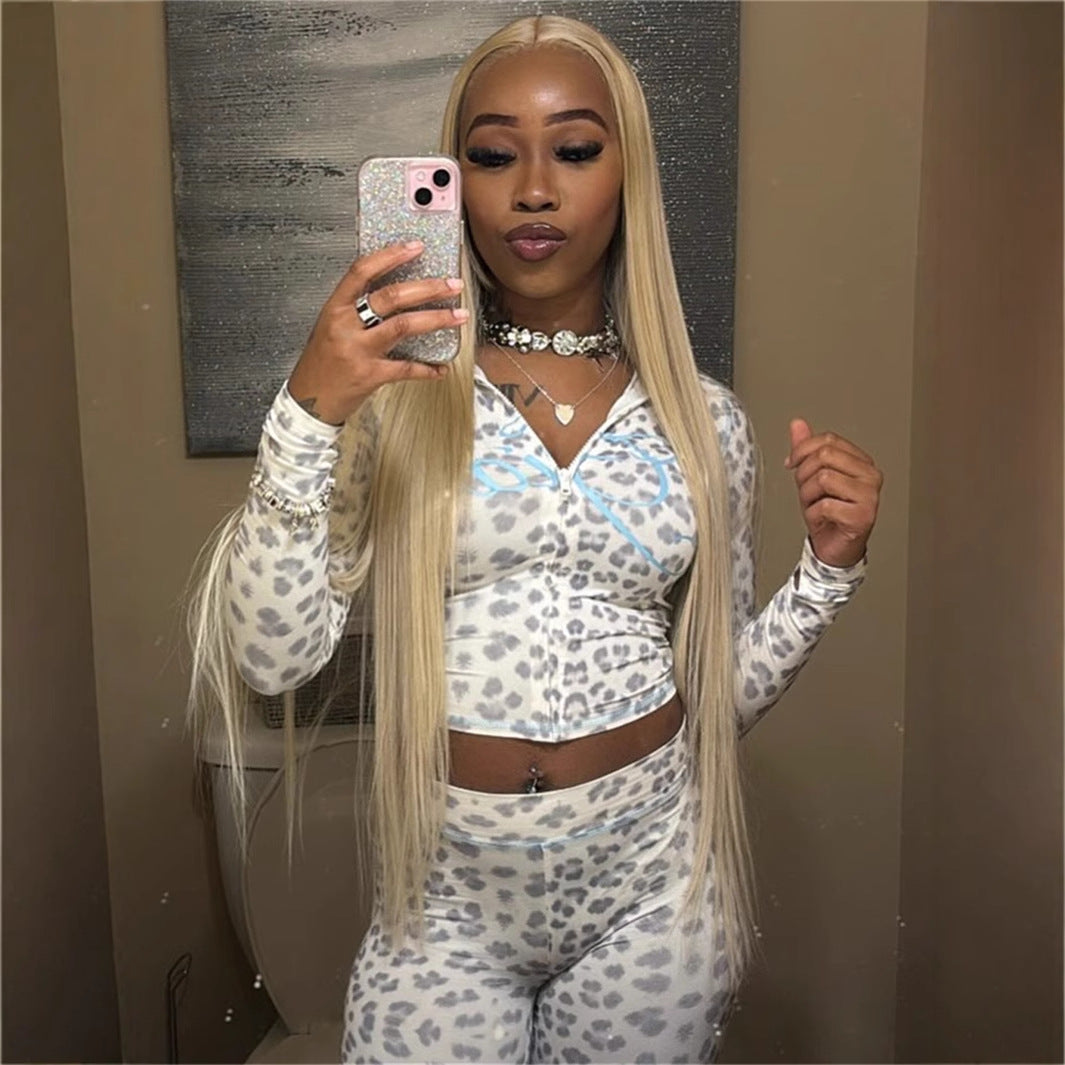 Lång Kofta Dam Leopardmönster Mjölksilke Streetwear-3