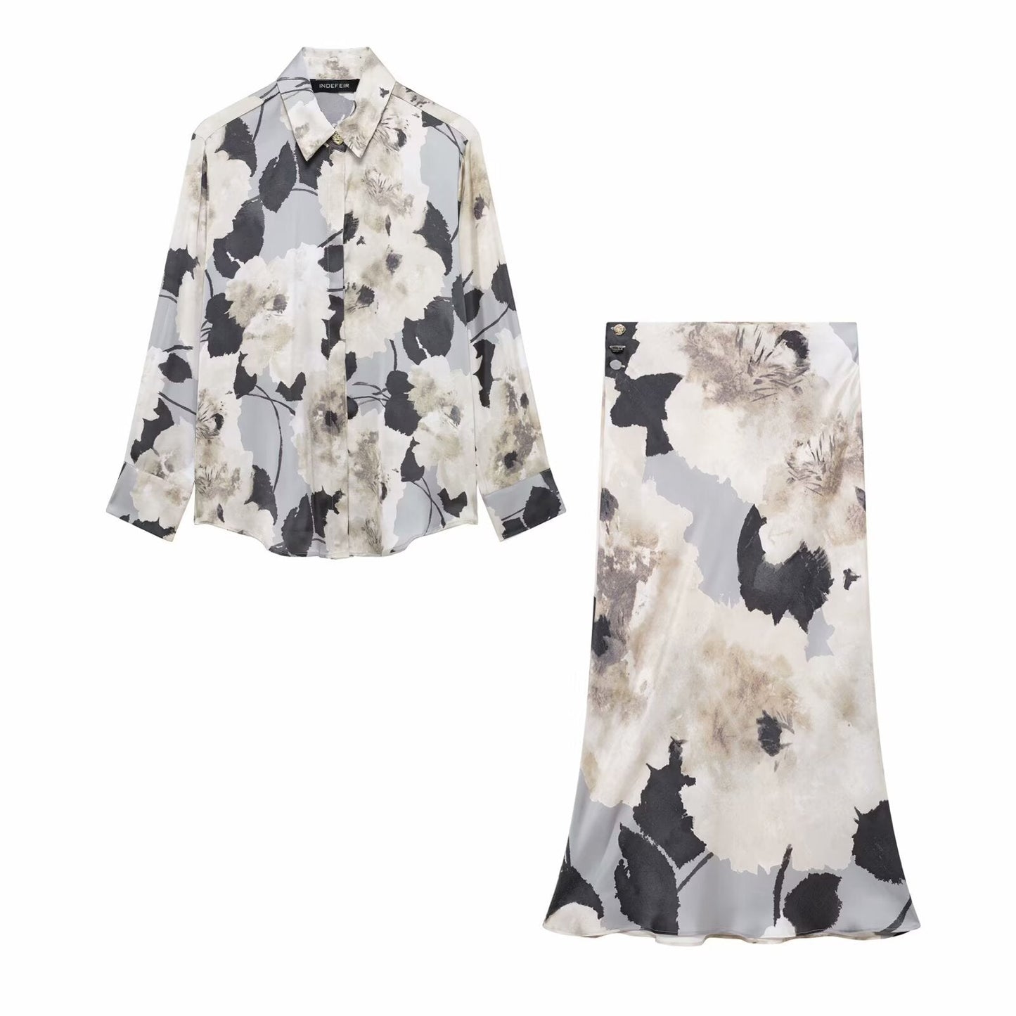 Kvinnors Kjol och Topp Set i Tryckt Satin, Midi Längd, Mjuk Spandex-2