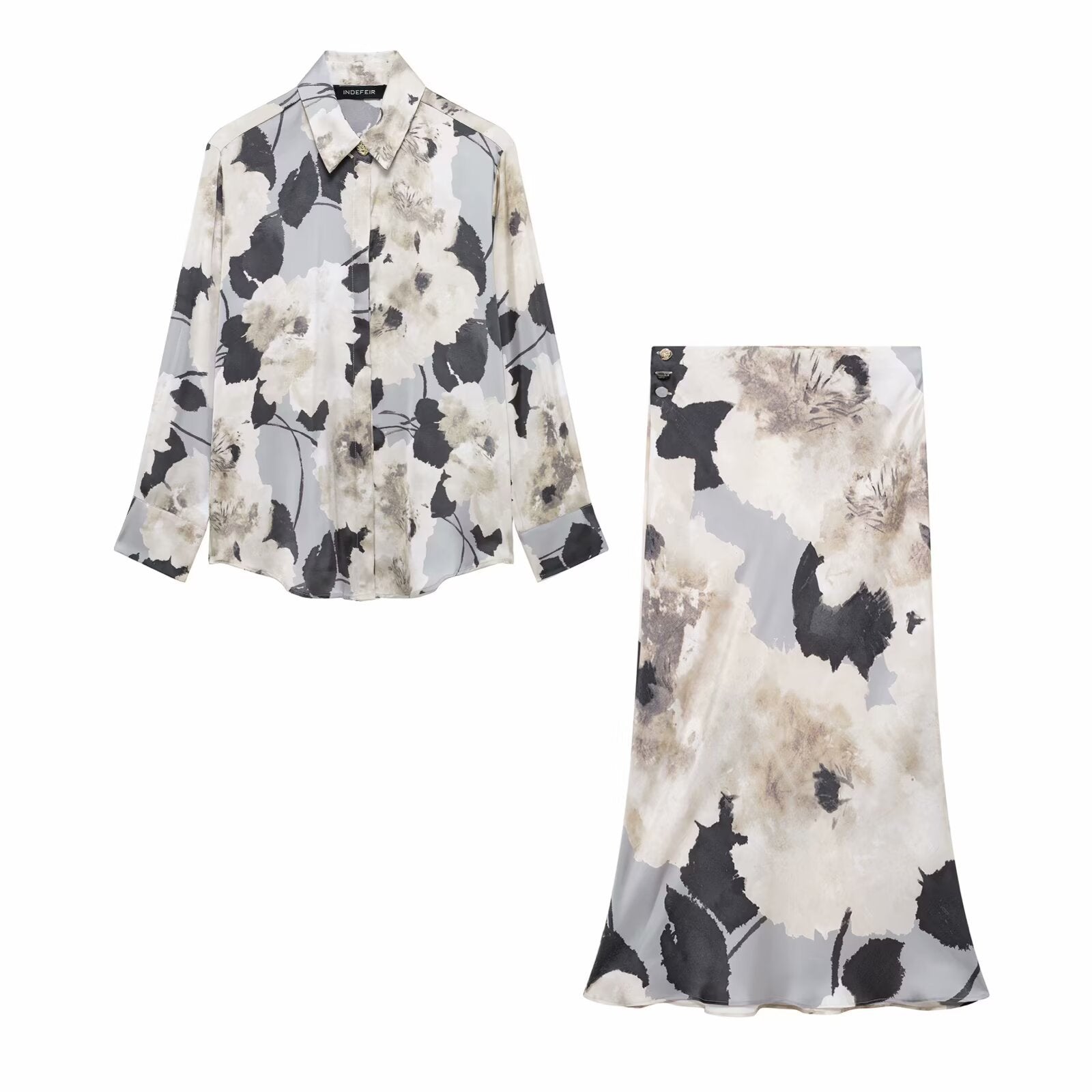 Kvinnors Kjol och Topp Set i Tryckt Satin, Midi Längd, Mjuk Spandex-2