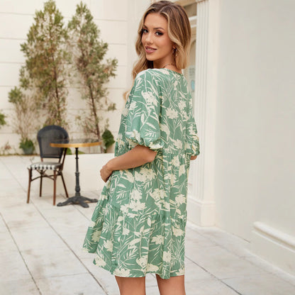 Kvinnors A-linjeformad Klänning V-ringning Polyester med Tryck-3