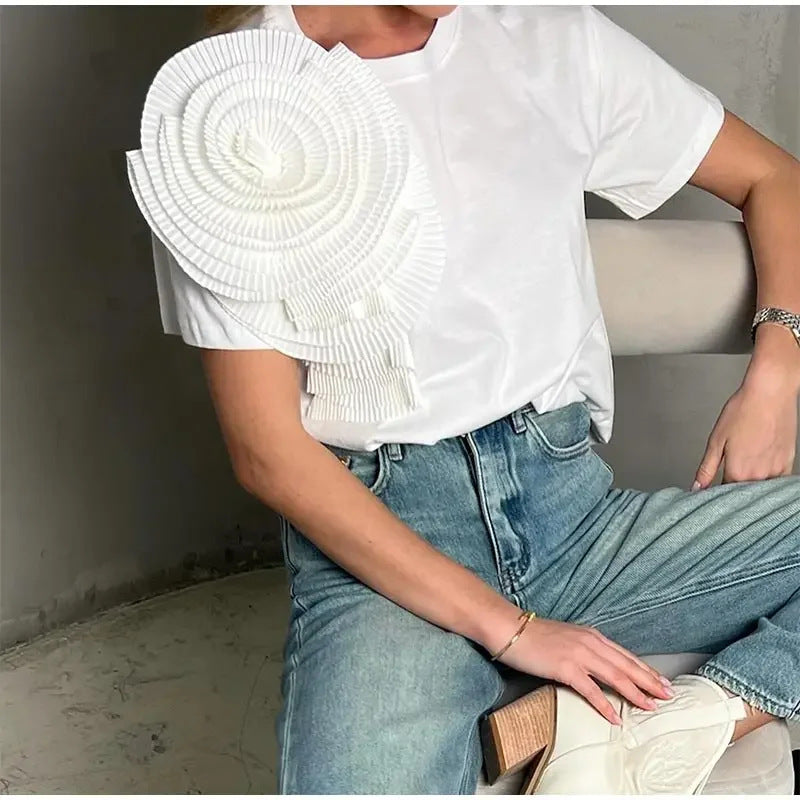 Variant image for Dam T-shirt Lätt Polyester 3D Blommönster Loose Fit Korta Ärmar-4