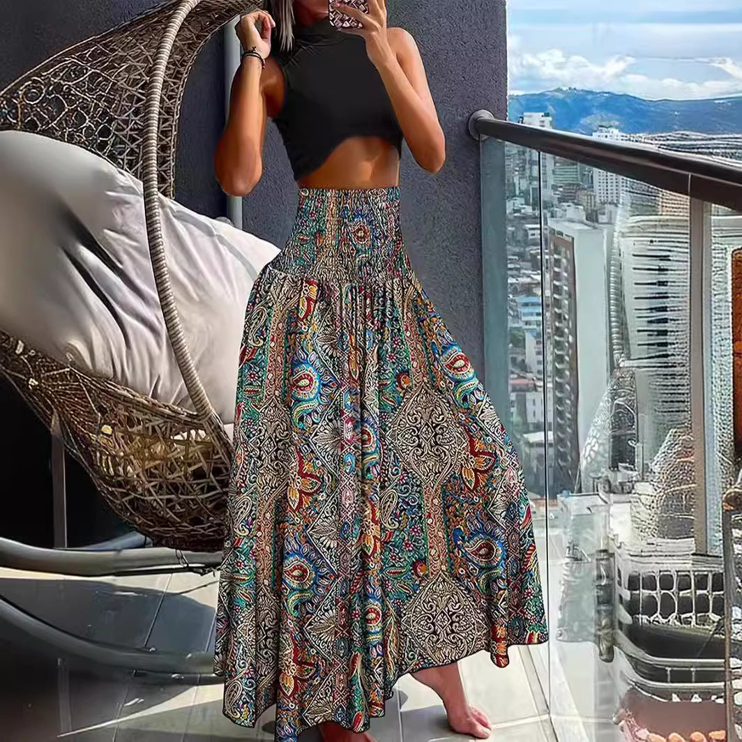 Kjol Dam Lång A-linjeformad Polyester med Elastisk Midja Retro Design 3