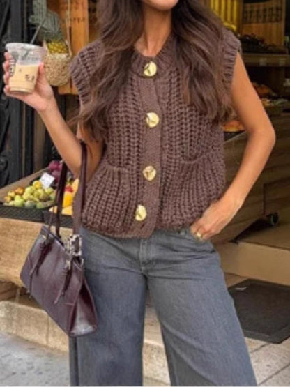 Variant image for Dam Stickad Väst Lätt Passform Mjuk Akrylblandning med Gyllene Knappar-1