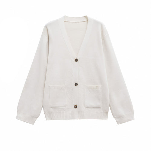 Dam Kardigan V-ringad Monokrom Mjuk Akrylblandning-1
