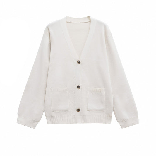 Dam Kardigan V-ringad Monokrom Mjuk Akrylblandning-1