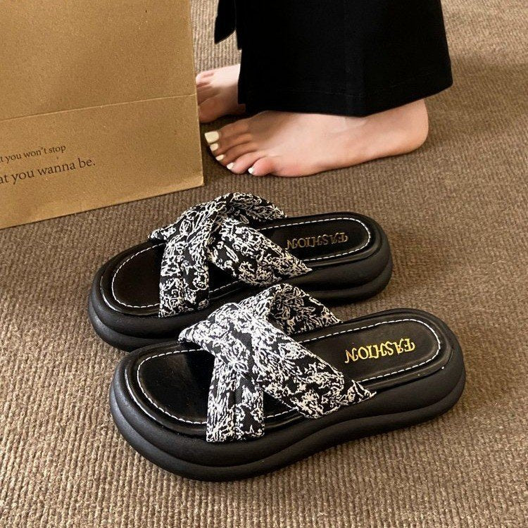 Dam Pantoletter med Dekorativa Tvärband Andningsbart Material-4