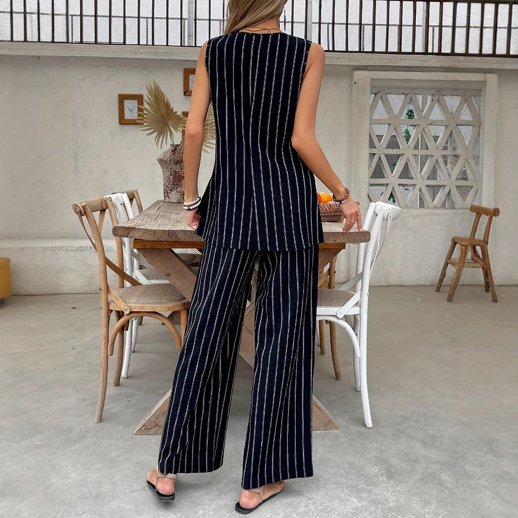 Kvinnors Tvådelad Sättning Randig Topp Breda Byxor Andningsbart Stretchigt Material 2