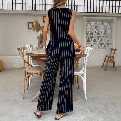 Kvinnors Tvådelad Sättning Randig Topp Breda Byxor Andningsbart Stretchigt Material 2