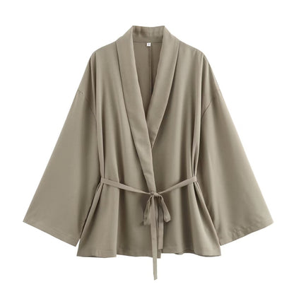 Dam Kimonotopp Set med Raka Byxor Polyester Elegant Avslappnad-1