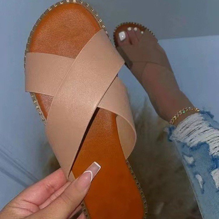 Dam Sandaler Tvärdesign Syntetiskt Läder med Gulddekoration-1