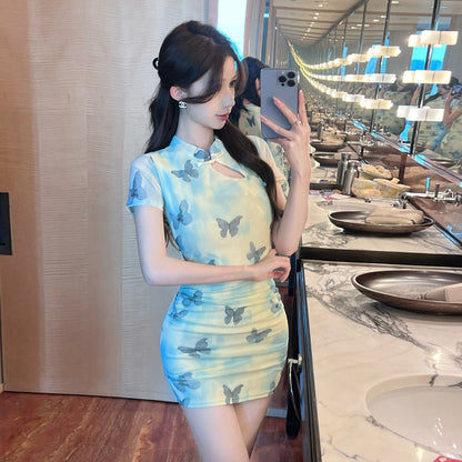 Kvinna Cheongsam Klänning Bodycon Kortärmad Högkvalitativt Tyg-3