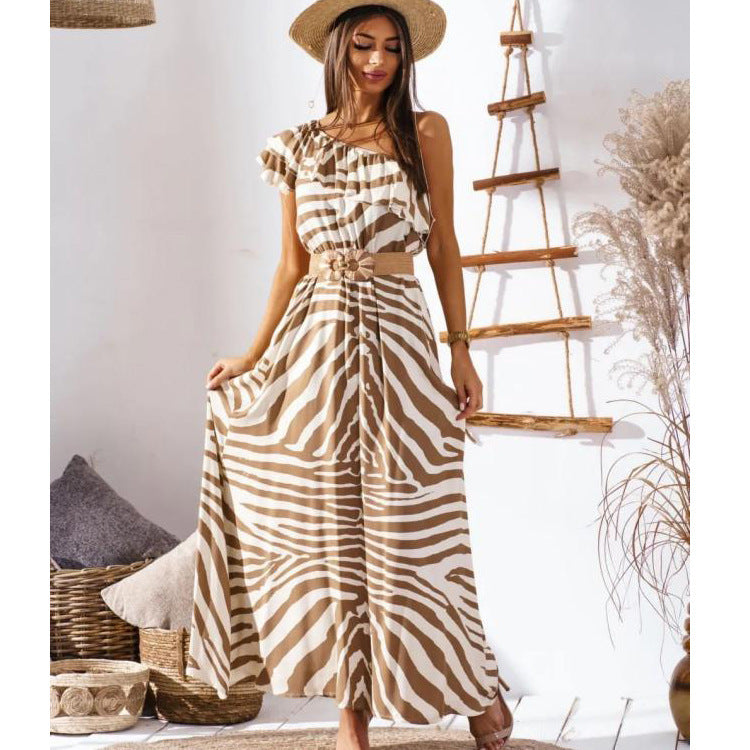 Dam Lång Klänning Off-Shoulder Tryckt Polyester Fina Dam Klänningar-5