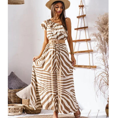 Dam Lång Klänning Off-Shoulder Tryckt Polyester Fina Dam Klänningar-5