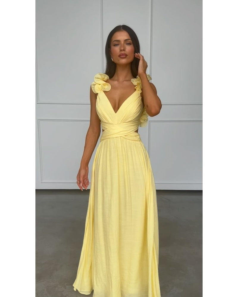 Dam Klänning Lång V-Neck Veckad Spandex Elegant-1