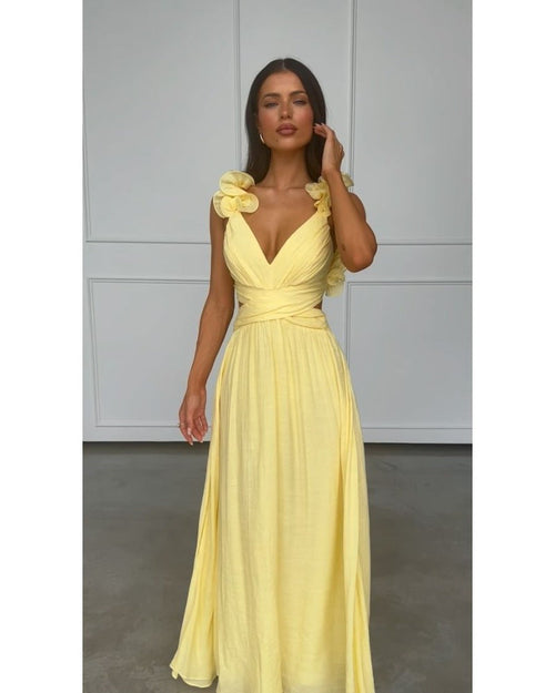 Dam Klänning Lång V-Neck Veckad Spandex Elegant-1