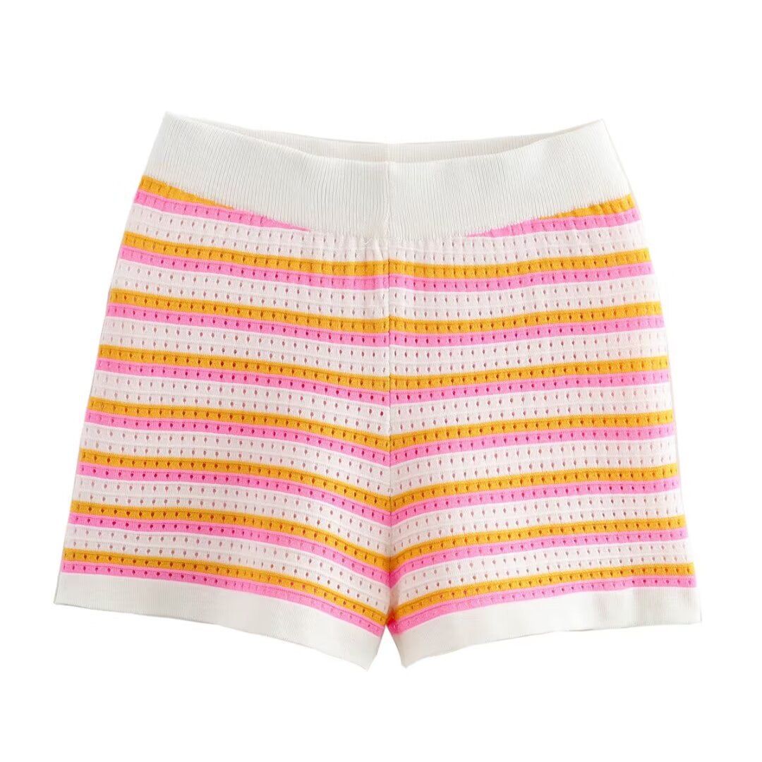 Dam Shorts Set Randig Stickad Topp 100% Bomull Avslappnad Passform-5