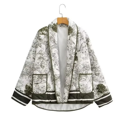 Kvinnor Quiltad Jacka Mönstrad Elegant Krage Hållbar Tygblandning-6