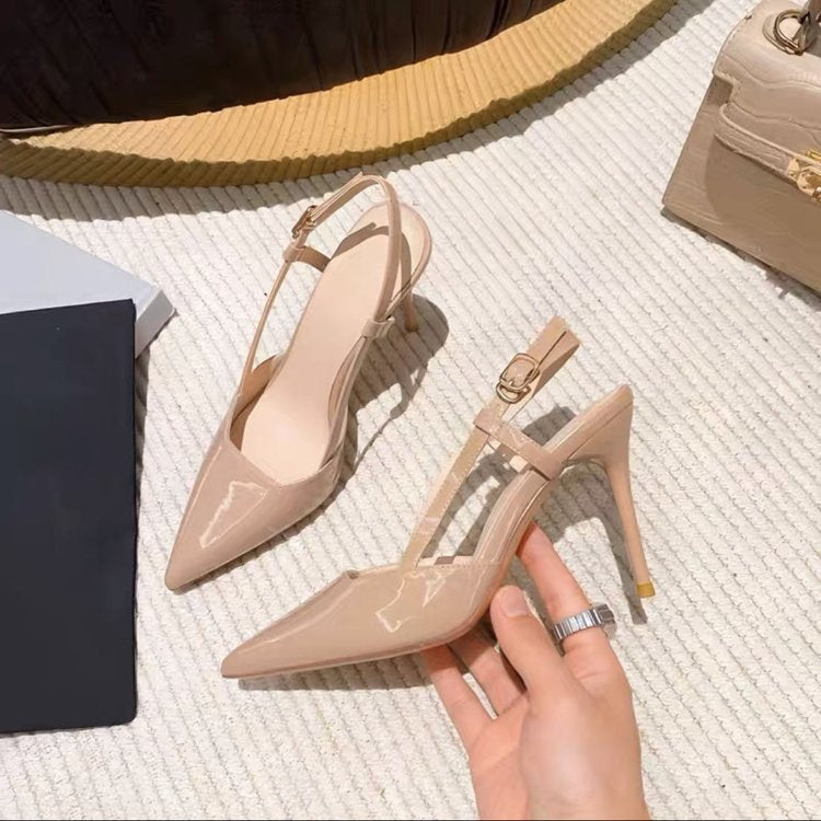 Slingback Skor för Kvinnor med Spetsig Tå i Syntetiskt Läder – Elegant Pump med Hög Häl och Elastisk Rem 9