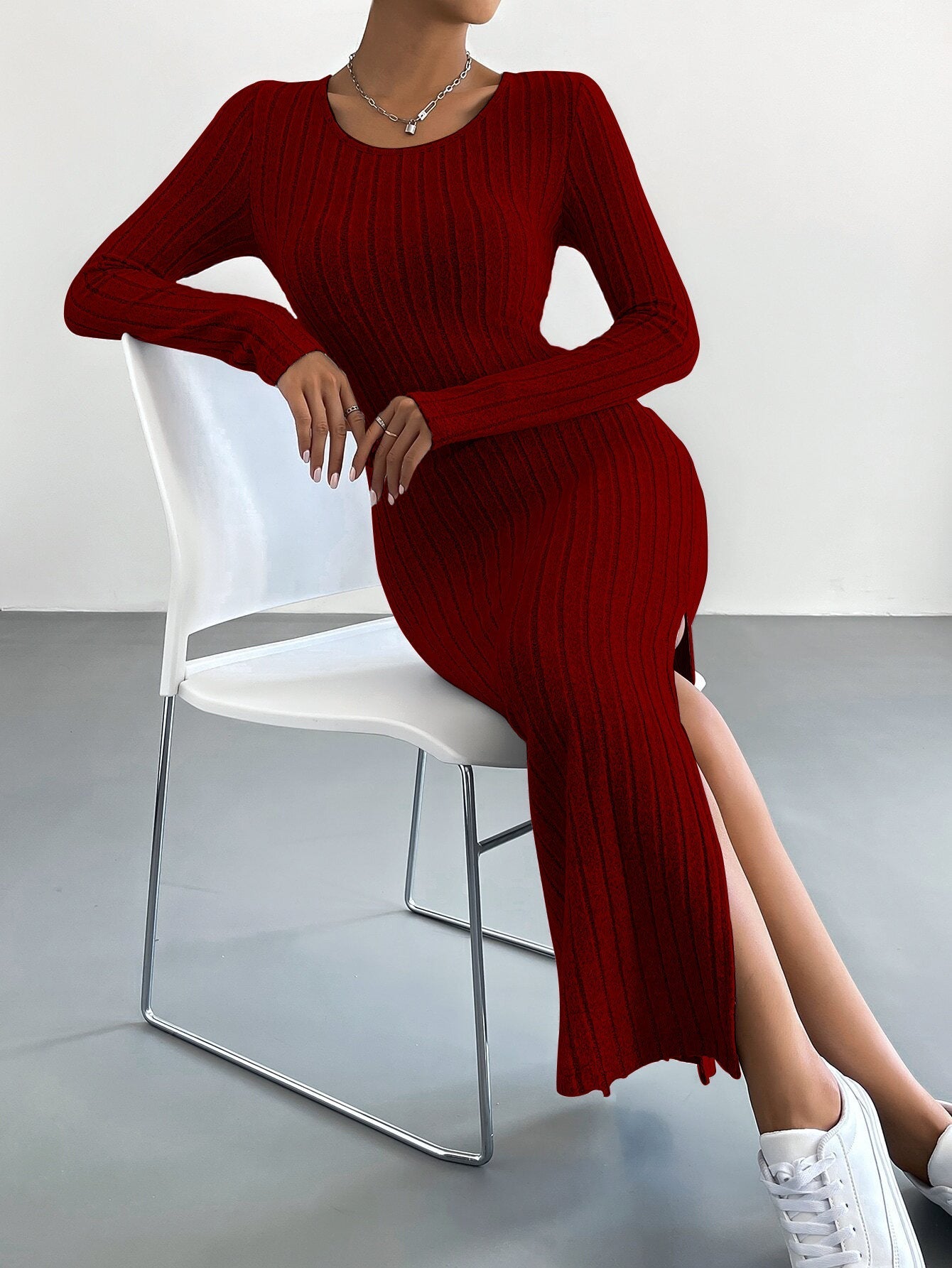 Dam Bodycon Kjol Hög Midja Polyester Midi Design-5