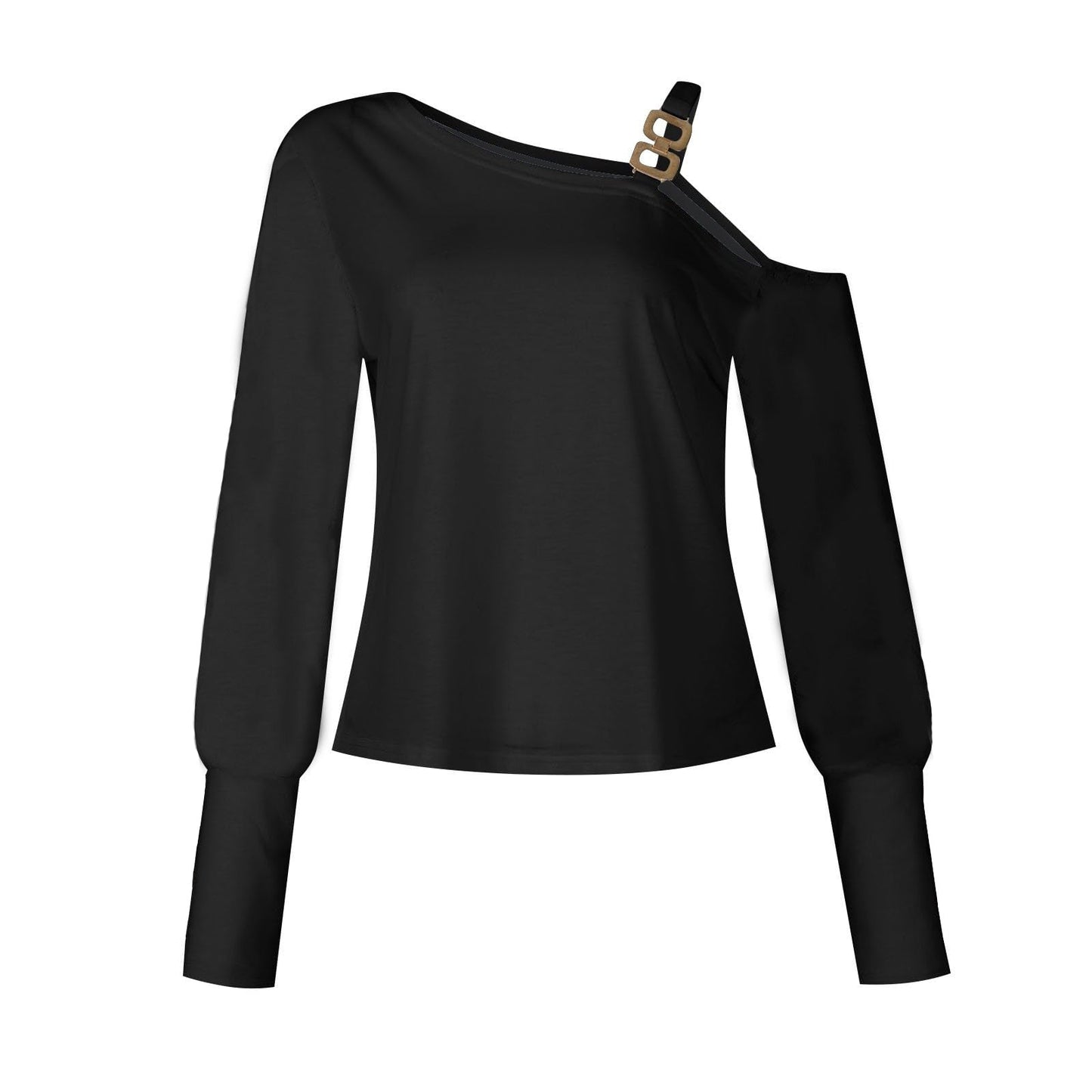 Asymmetrisk Långärmad Topp för Dam med Metallisk Spänne – Svart och Vit Polyester 4