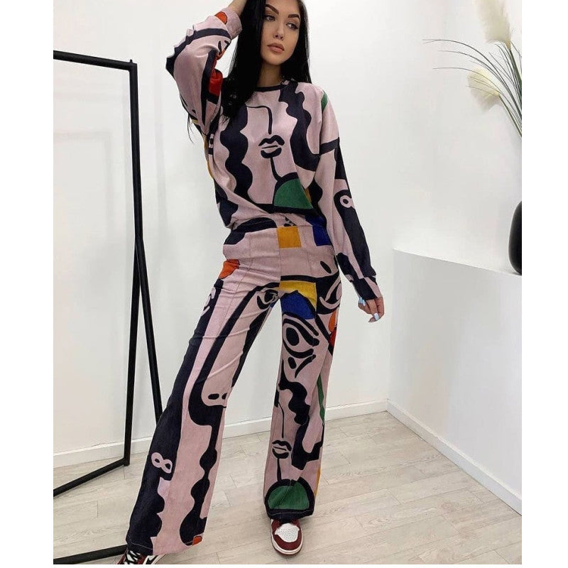 Damset Graffiti Tryck Långärmad Polyester Spandex Raka Benbyxor-3