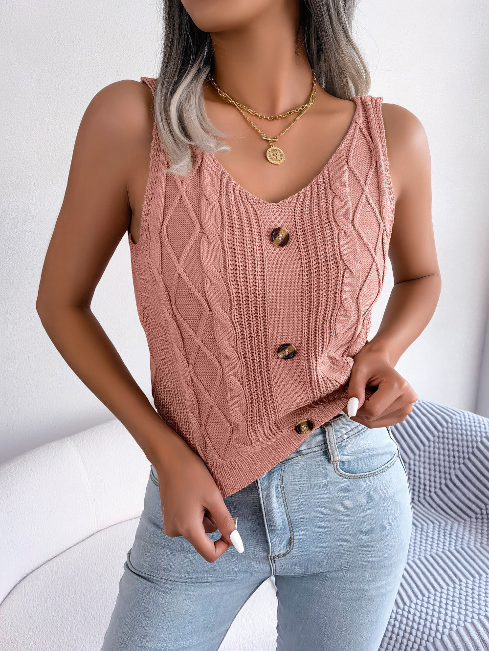 Variant image for Kvinnors V-Neck Pullover Tröja Viskos med Knappar-4