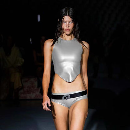 Kvinnors Ärmös Tröja Rundhalsad PU Material Lätt Elastisk-4