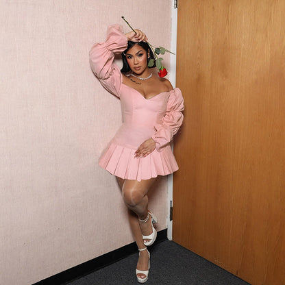 Kvinnors Miniklänning Off-Shoulder Volangärmar Samlad Kjol Andningsbart Tyg 3