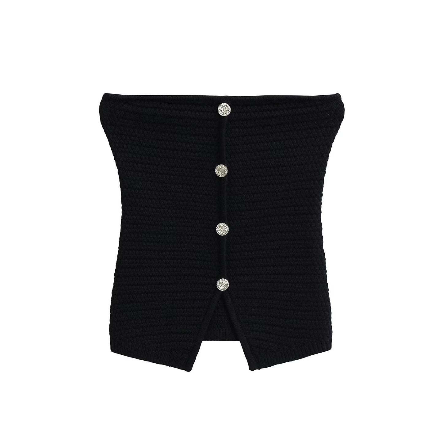 Kvinnors Stickad Topp Strukturerad Andningsbart Material med Dekorativa Knappar-3