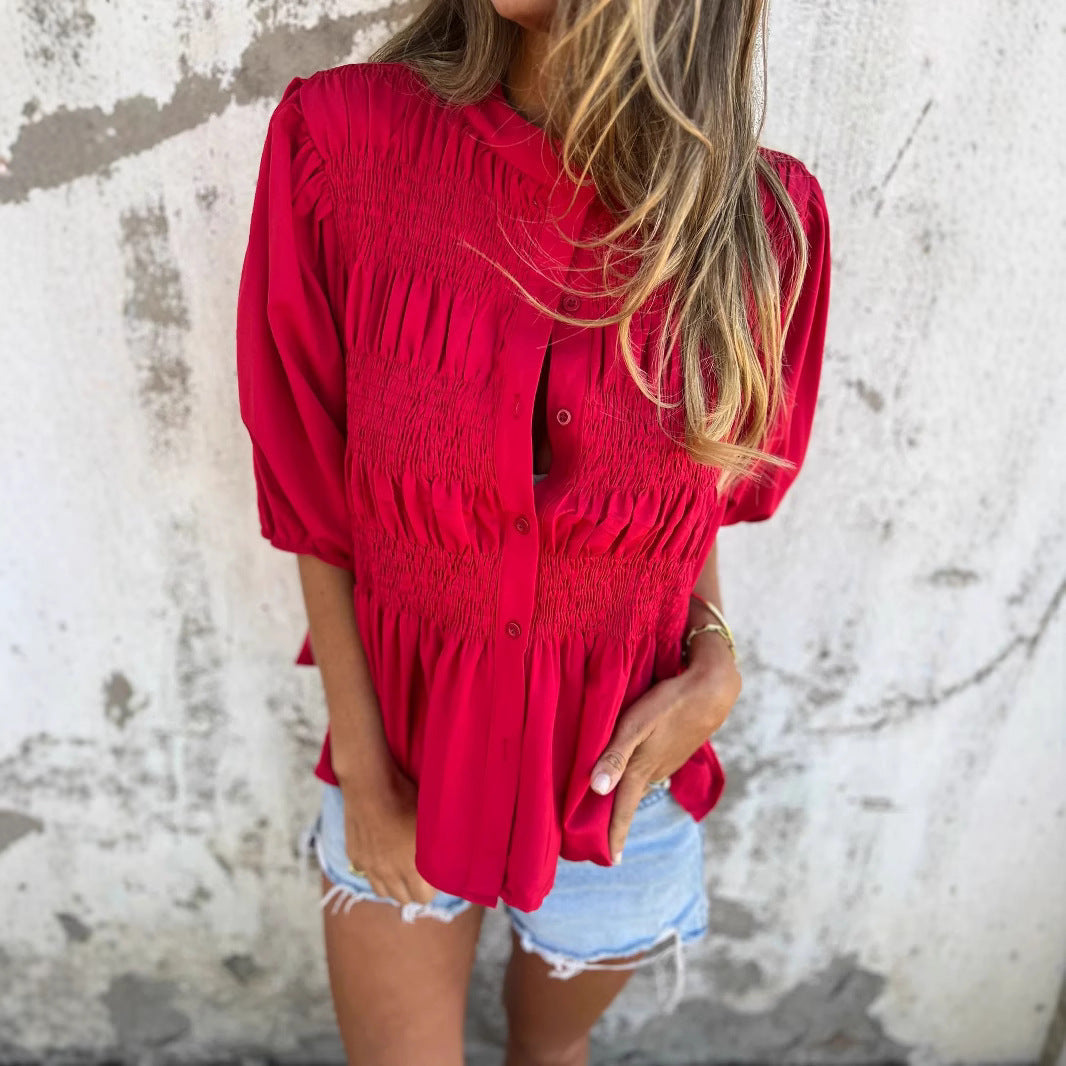 Dam Blus Casual Spetsdetaljer Polyester Kort Ärmd-2