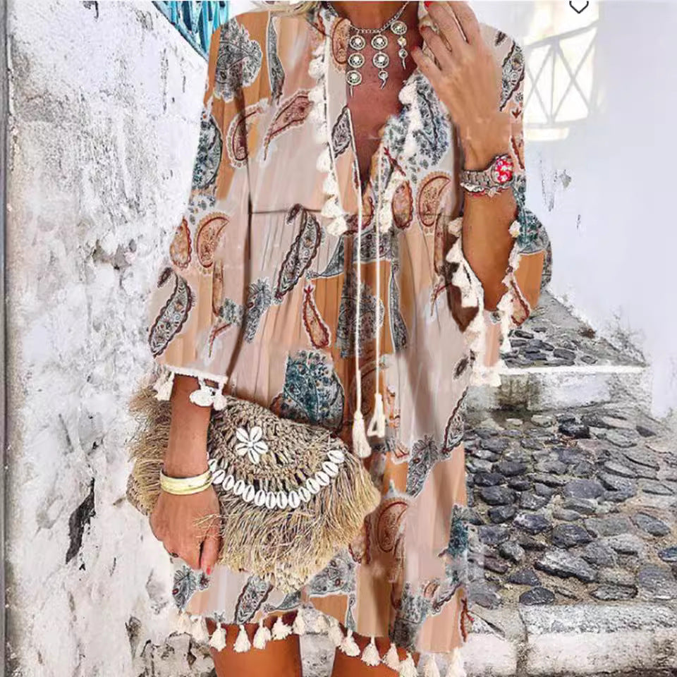 Kvinnors Midi Klänning V-ringning Fransar Fyra-vägs Stretchtyg-3