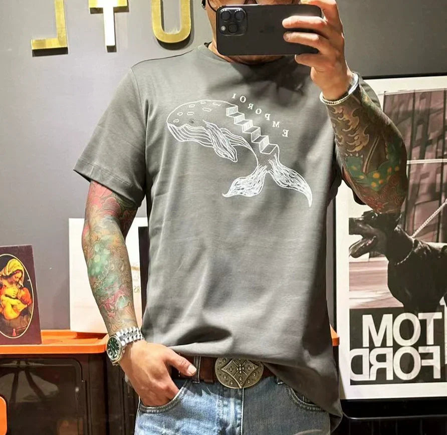 Herr T-shirt Djurmönster Rundhals Is Silke och Bomull-1