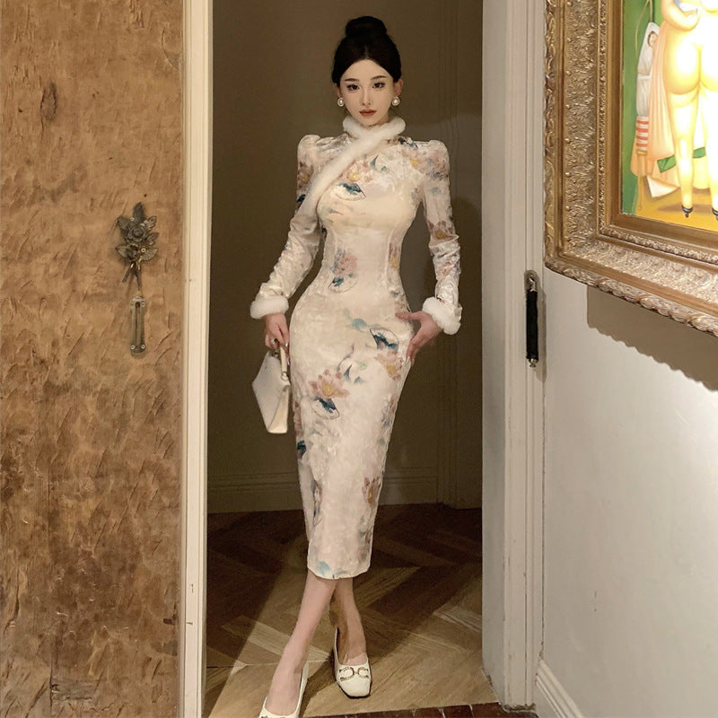 Kvinnors Midi Klänning Qipao Stil Högkvalitativt Tyg-3