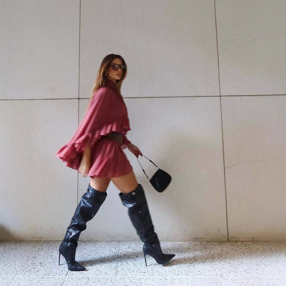 Kvinnor Draperad Klänning Rufsade Detaljer Mjukt Tyg 3