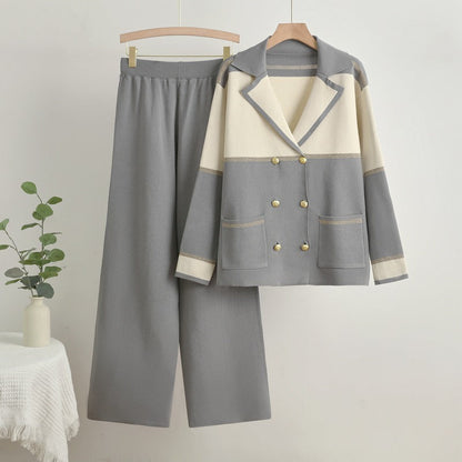 Dam Set Dubbelrad Stickning Bred Stickbyxor Spandex-2