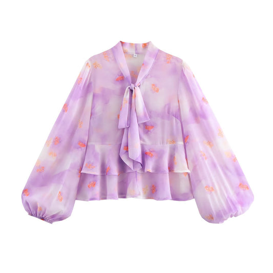 Dam Chiffon Blus Rynkade Ärmar Luftig Avslappnad Passform 1